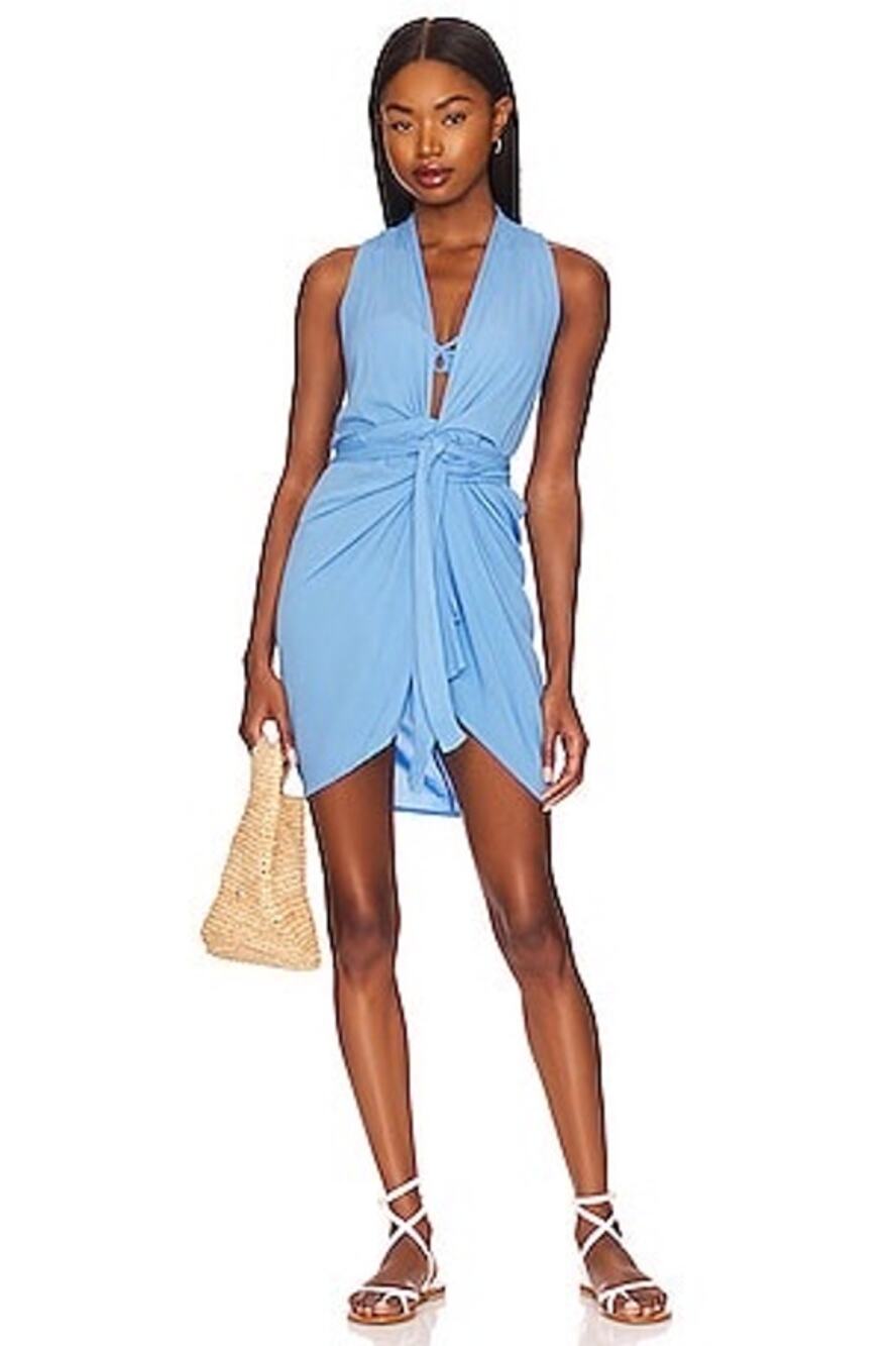 ViX Paula Hermanny Olivia Blue Plunge Neck Tie Waist Swim Coverup Mini Dress S